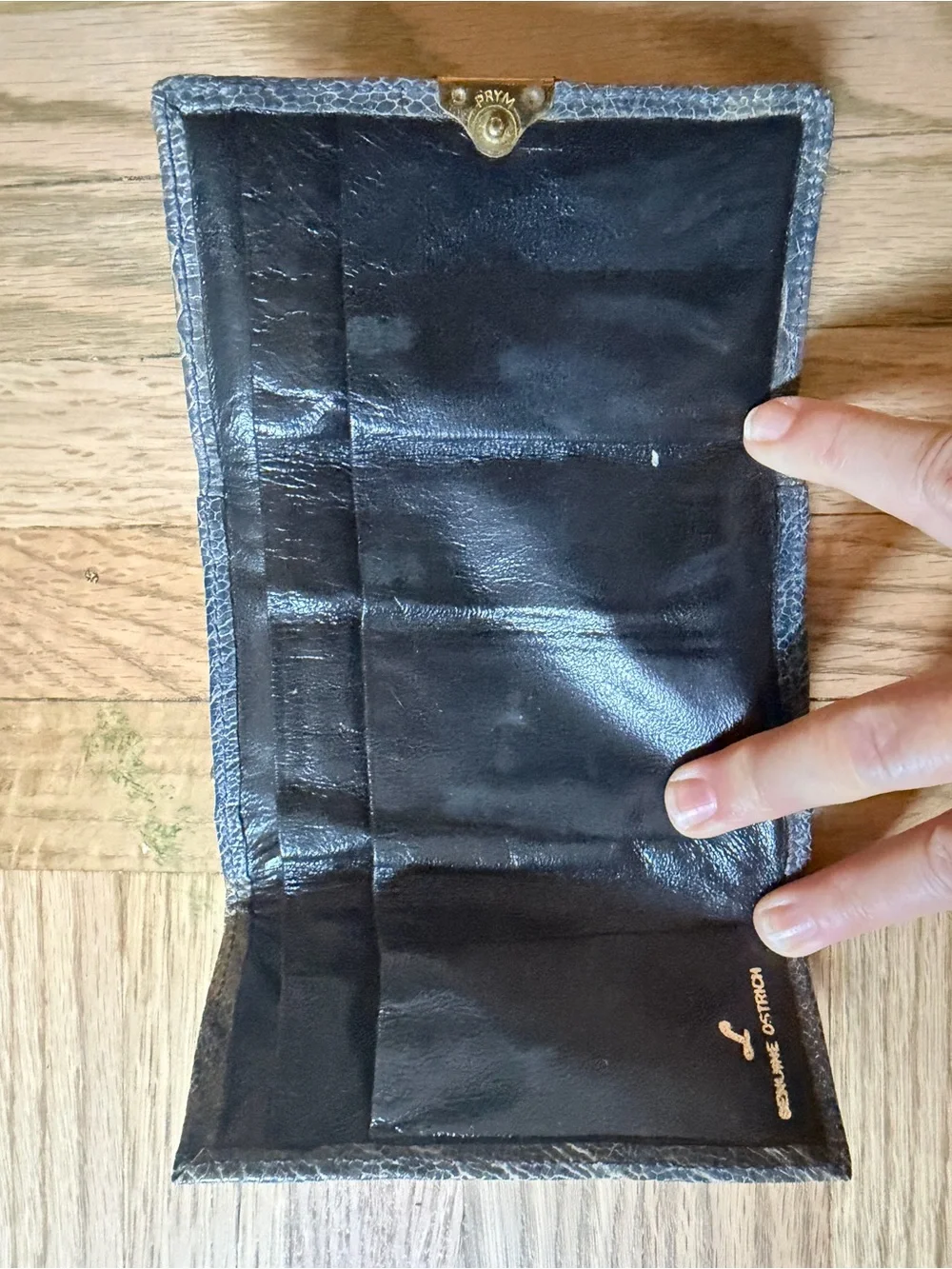 Vintage 1950s Grey Ostrich Leather Card Wallet with Gold Accent